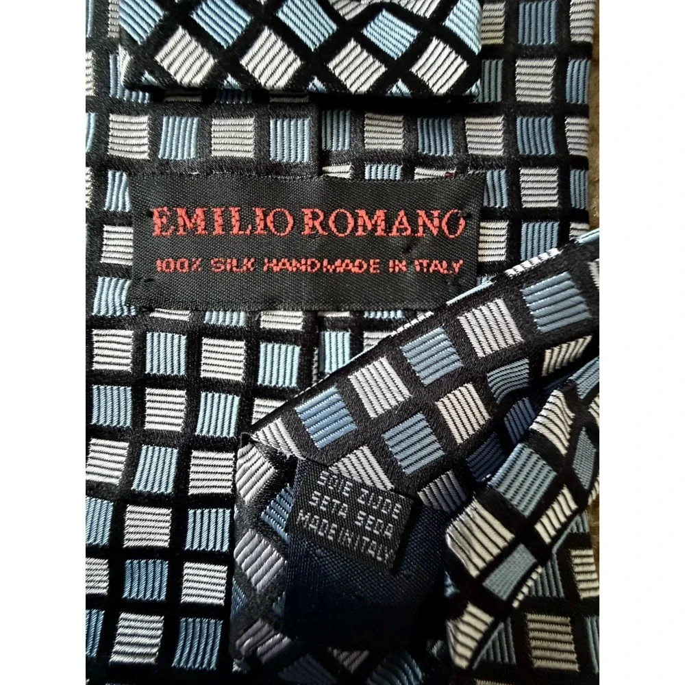 Emilio Romano Neckwear Tie Blue White Checkered AOP Italy 100% Silk JBHS